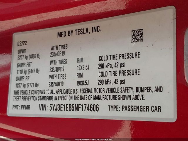 5YJ3E1EB5NF174606 Tesla Model 3 Long Range Dual Motor All-wheel Drive