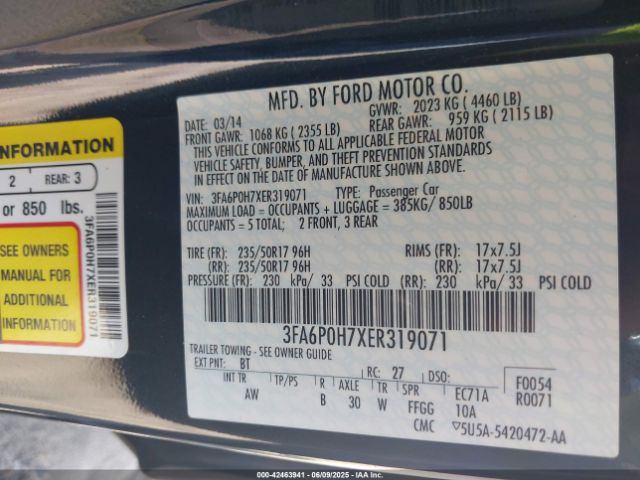 3FA6P0H7XER319071 Ford FUSION SE