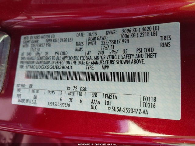 1FMCU0GX5GUB39043 Ford ESCAPE SE