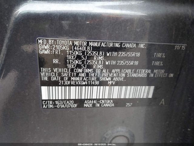 2T3DFREVXGW411498 Toyota 2ar-fe