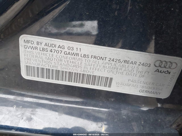 2011 AUDI A4 WAUAFAFL7BN049354 Photo 8