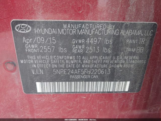 5NPE24AF5FH220613 Hyundai SONATA SE