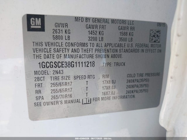 1GCGSCE38G1111218 Chevrolet lfx - sidi, vvt, e85 max, aluminum