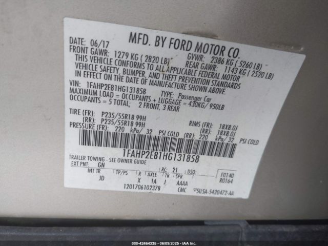 1FAHP2E81HG131858 Ford TAURUS SEL