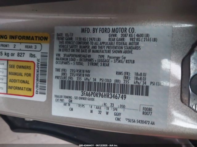 2017 FORD FUSION 3FA6P0K96HR346749 Photo 8