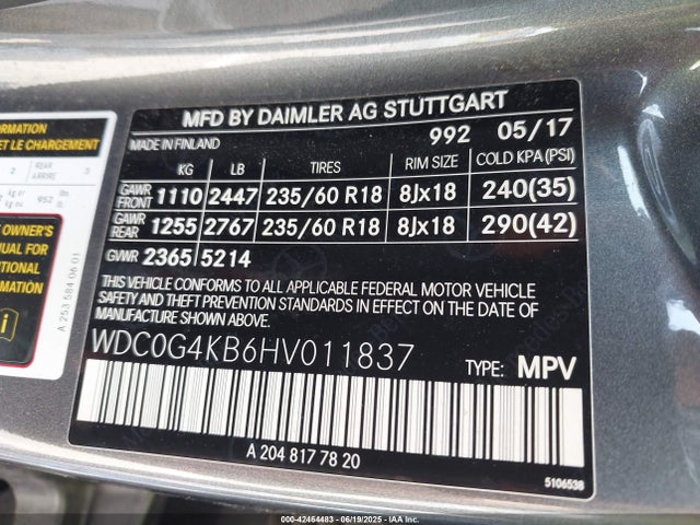 WDC0G4KB6HV011837 Mercedes-Benz m274