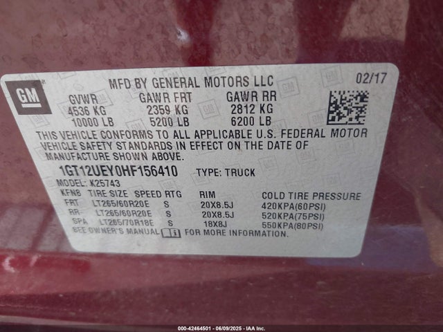 1GT12UEY0HF156410 GMC l5p - direct injection, duramax, gen 5, var 1