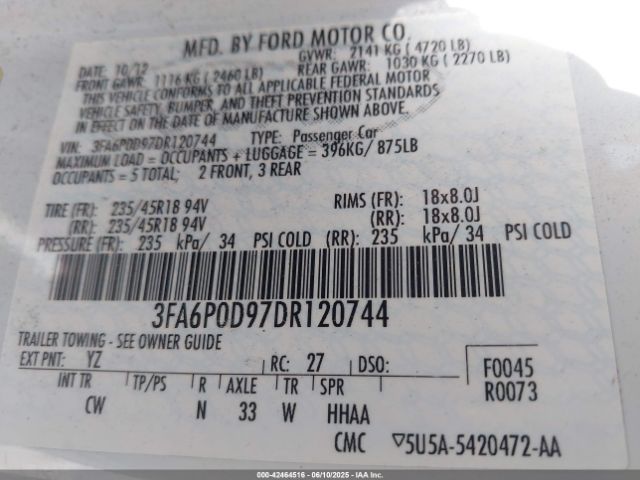 2013 FORD FUSION 3FA6P0D97DR120744 Photo 8