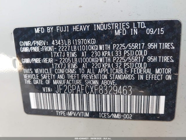 Subaru 2.0l naturally aapirated 2015 JF2GPAFCXF8329463 Image 9