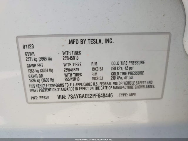 Aukcja sprzedaży 2023 Tesla Model Y, vin: 7SAYGAEE2PF648446, numer aukcji: 42464522
