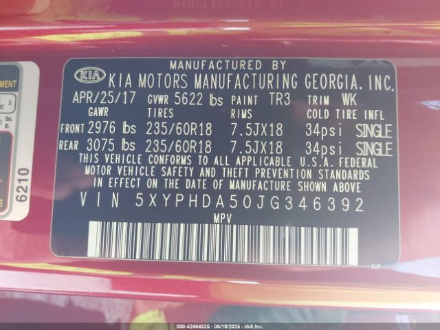 5XYPHDA50JG346392 KIA Sorento 3.3l Ex