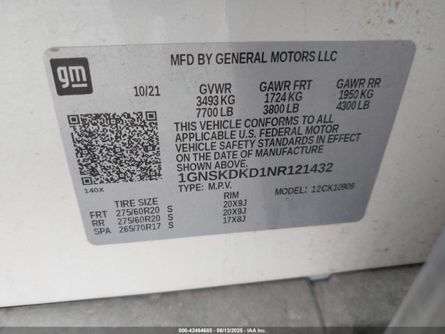 1GNSKDKD1NR121432 Chevrolet l84 - di, dfm, alum, gen 5, var 2