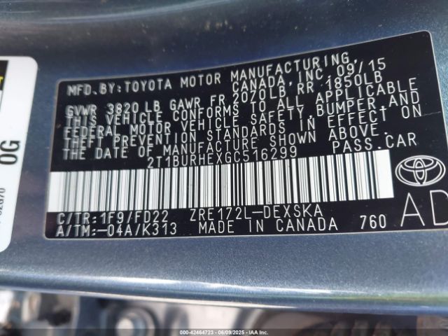 2T1BURHEXGC516299 Toyota Corolla S