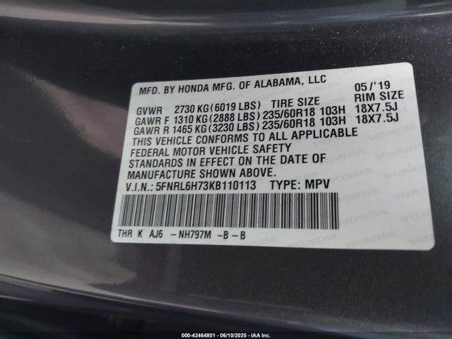 Honda j35y7 2019 5FNRL6H73KB110113 Image 9