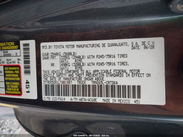 3TYRX5GN1LT001987 Toyota Tacoma Sr