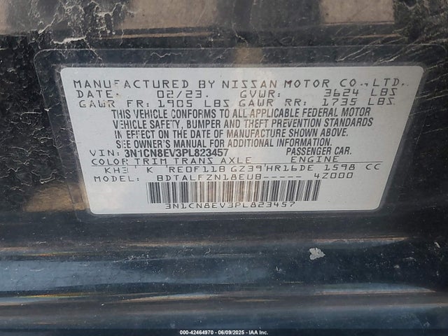 Продажа на аукционе авто 2023 Nissan Versa 1.6 Sv Xtronic Cvt, vin: 3N1CN8EV3PL823457, номер лота: 42464970