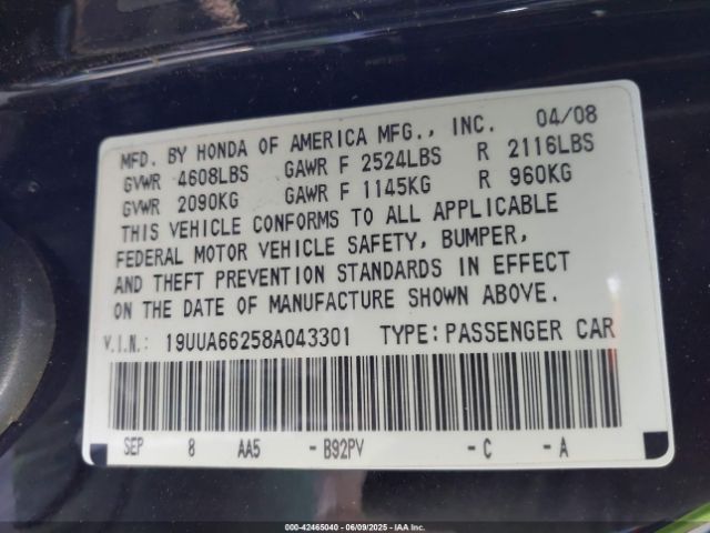 2008 ACURA TL 19UUA66258A043301 Photo 8