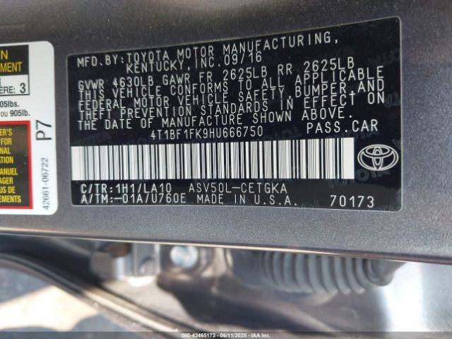 4T1BF1FK9HU666750 Toyota 2ar-fe