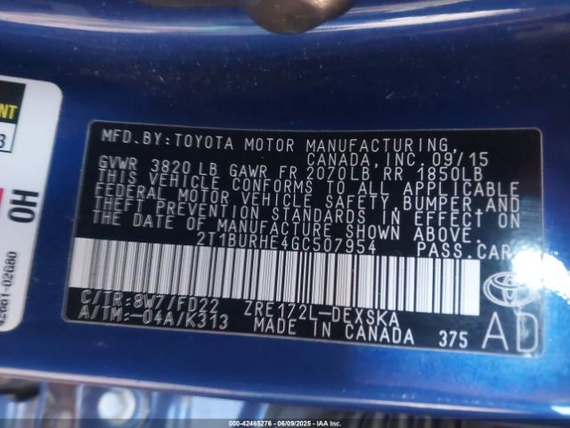 2T1BURHE4GC507954 Toyota 2zr-fe