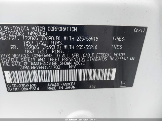 JTMDJREV6HD141702 Toyota 2ar-fxe, 2jm+2fm