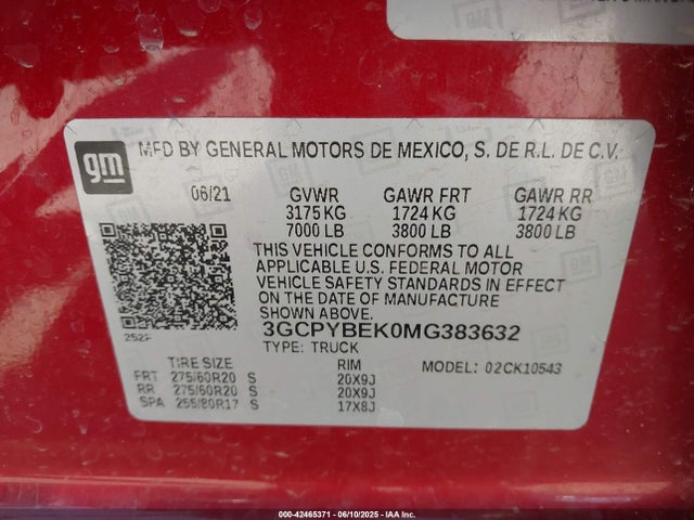 3GCPYBEK0MG383632 Chevrolet l3b - sidi, vvt, alum