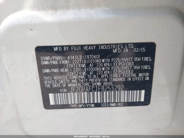 Subaru 2.0l naturally aapirated 2015 JF2GPAFC1F8253292 Image 9