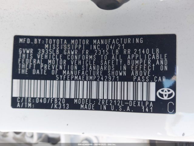 5YFEPMAE8MP242971 Toyota 2zr-fae