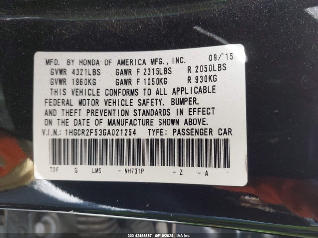 1HGCR2F53GA021254 Honda k24w1