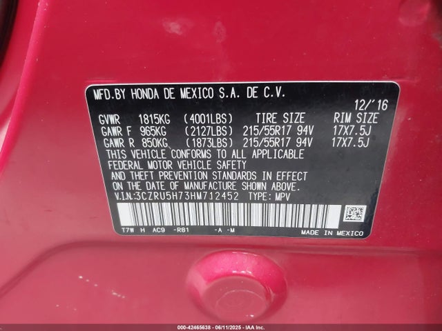 3CZRU5H73HM712452 Honda r18z9