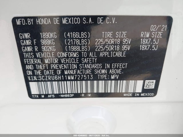 3CZRU6H11MM727513 Honda r18z9