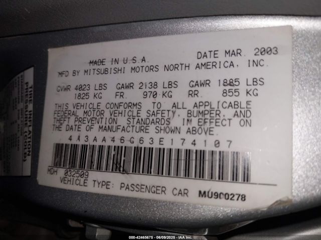 2003 MITSUBISHI GALANT 4A3AA46G63E174107 Photo 8