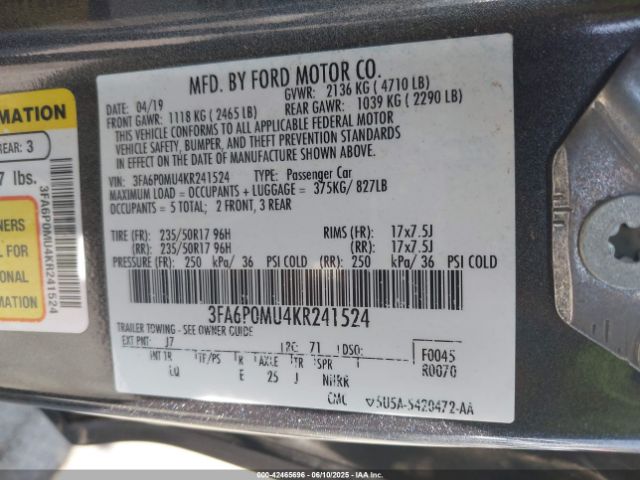 3FA6P0MU4KR241524 Ford 2019