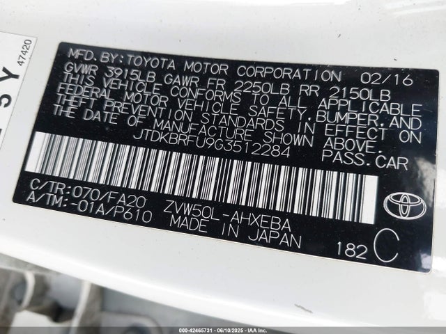 JTDKBRFU9G3512284 Toyota 2zr-fxe,1nm