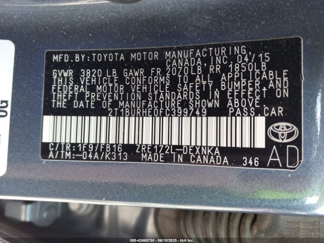 2015 TOYOTA COROLLA 2T1BURHE0FC399749 Photo 8