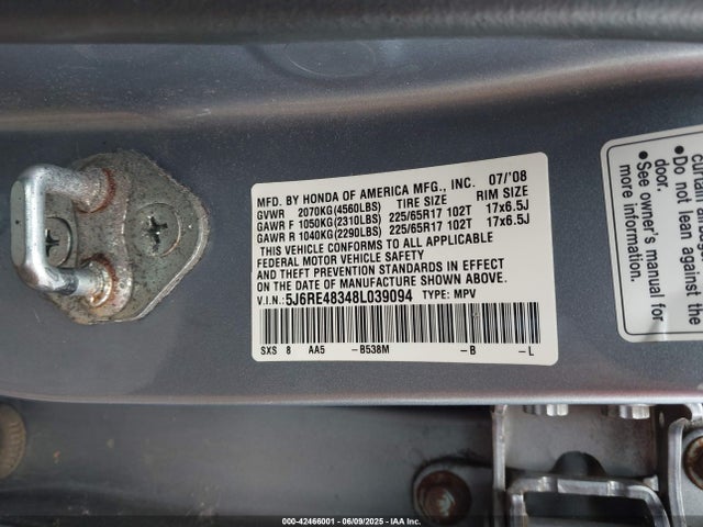 Aukcja sprzedaży 2008 Honda Cr-v Lx, vin: 5J6RE48348L039094, numer aukcji: 42466001