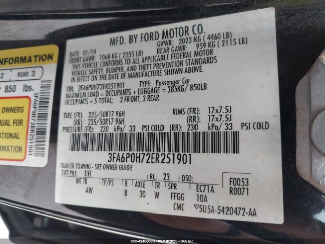 3FA6P0H72ER251901 Ford FUSION SE