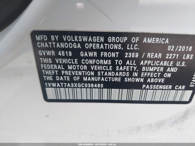 1VWAT7A3XGC036460 Volkswagen 2016