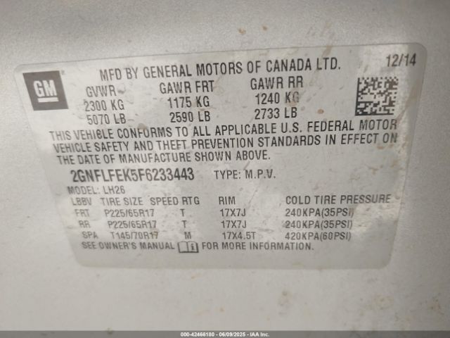2GNFLFEK5F6233443 Chevrolet lea - flex fuel (gas/alc), aluminum, ho,
