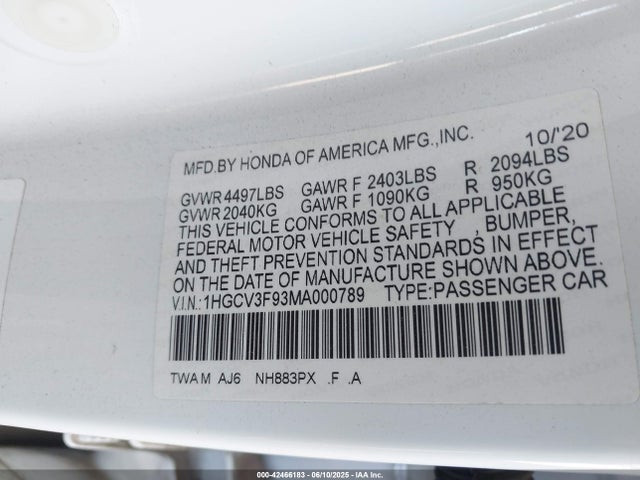 1HGCV3F93MA000789 Honda Accord Hybrid Touring
