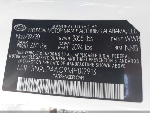 5NPLP4AG9MH012913 Hyundai mpi nu pe