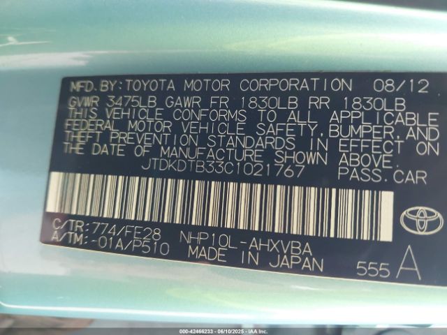 2012 TOYOTA PRIUS C JTDKDTB33C1021767 Photo 8