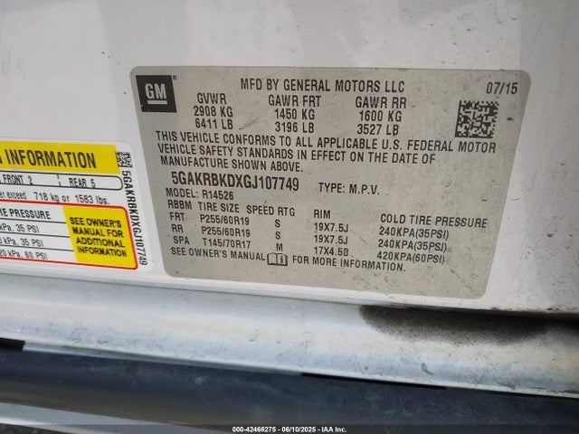 5GAKRBKDXGJ107749 Buick llt - sidi, alum, 60 degrees