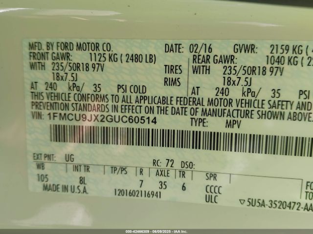 1FMCU9JX2GUC60514 Ford Escape Titanium