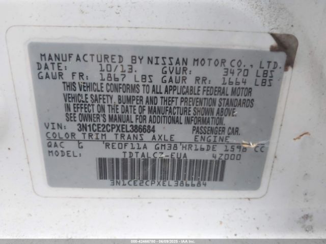 3N1CE2CPXEL386684 Nissan Versa Note S Plus