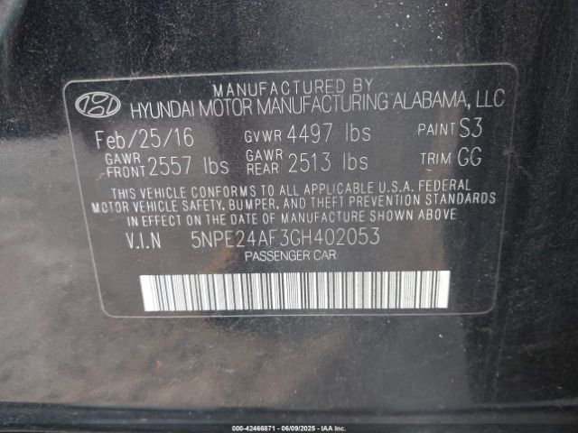 5NPE24AF3GH402053 Hyundai SONATA SE