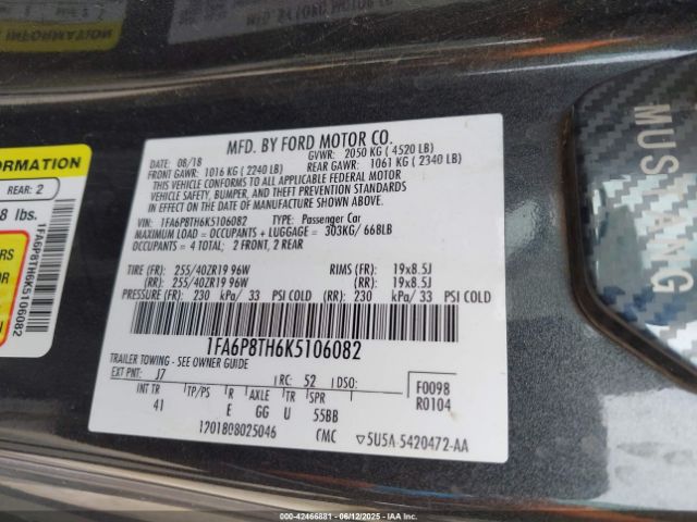 2019 FORD MUSTANG 1FA6P8TH6K5106082 Photo 8