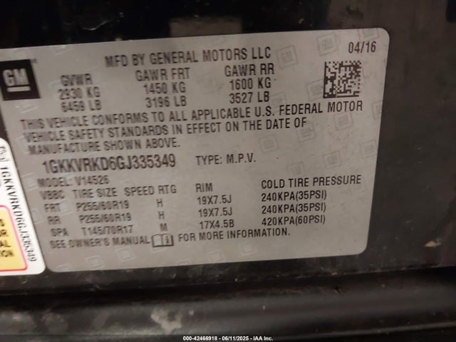 1GKKVRKD6GJ335349 GMC llt - sidi, alum, 60 degrees