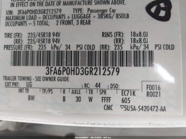 3FA6P0HD3GR212579 Ford FUSION SE
