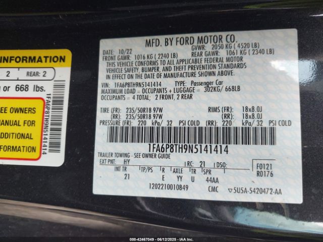 2022 FORD MUSTANG 1FA6P8TH9N5141414 Photo 8