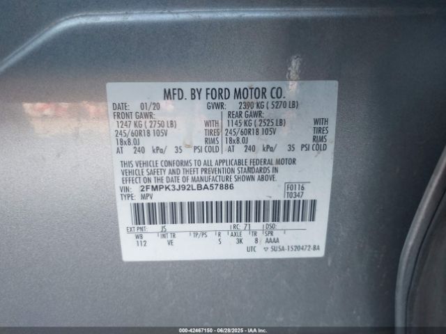 2FMPK3J92LBA57886 Ford 2.0l gtdi w/premium fuel